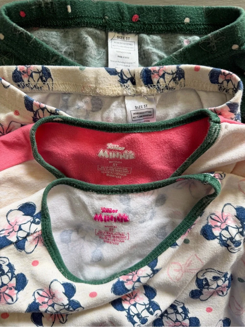 Disney Girls Minnie Mouse 5T Fitted Pajama Sets in Pink, Cream & Green